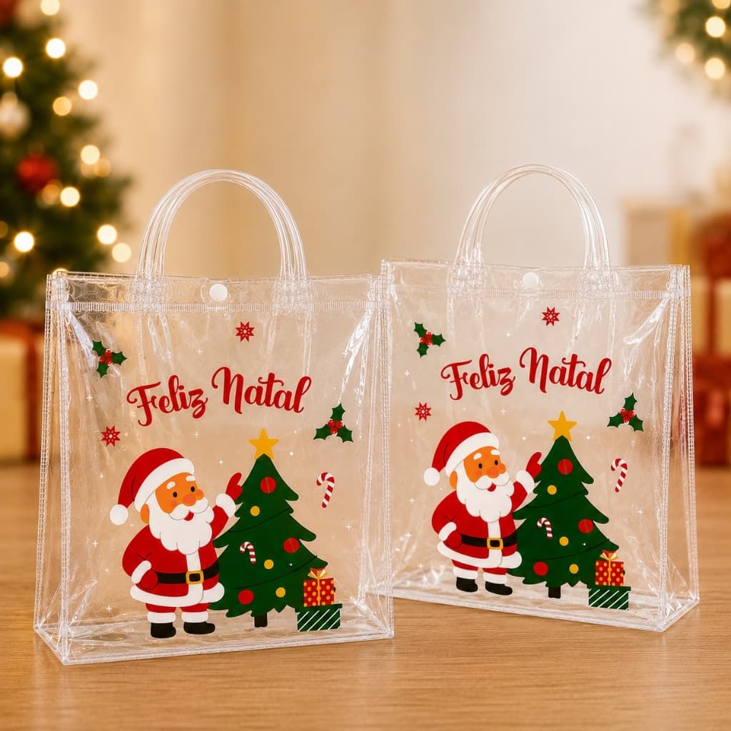 Kit Bolsa Sacola Natalina Transparente Com Alça E Botão 26cm