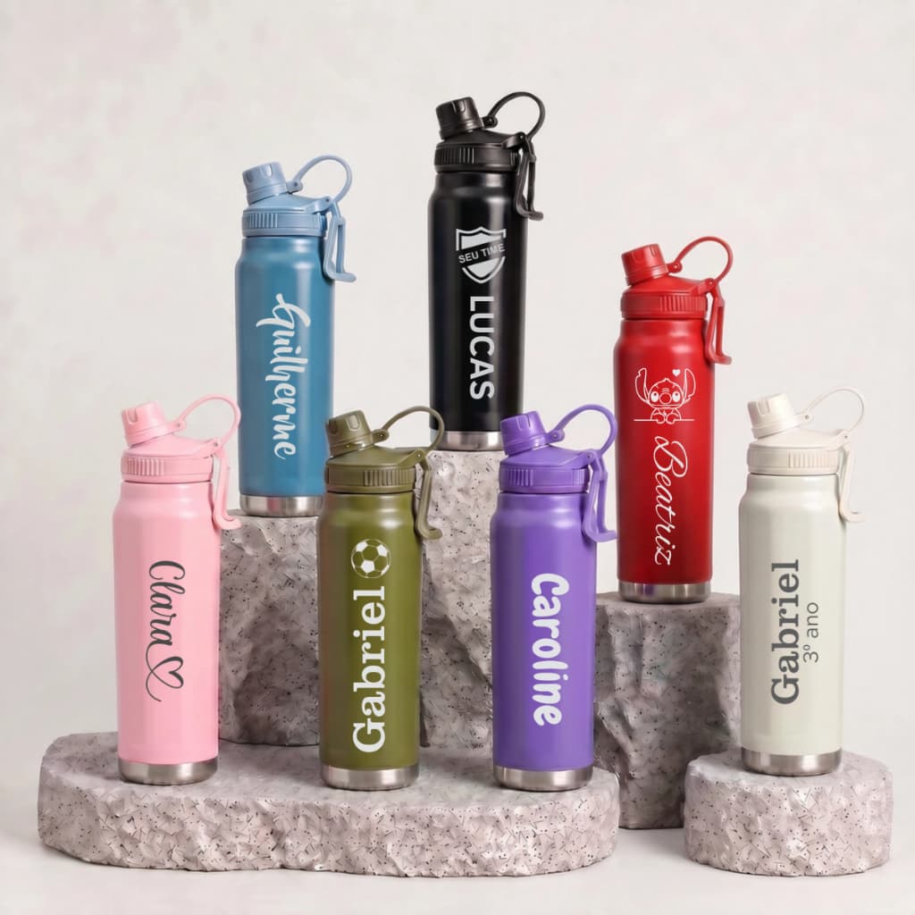 Garrafa Personalizada 800ml Térmica Inox Parede Dupla C/ Alça Trava Água Café Chá Esporte Academia