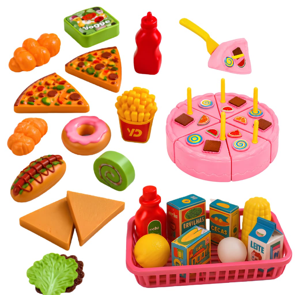 Kit Brinquedos Infantil Menina Menino 36 Peças Comidinha Brinquedo Mercadinho Cozinha Infantil Rosa