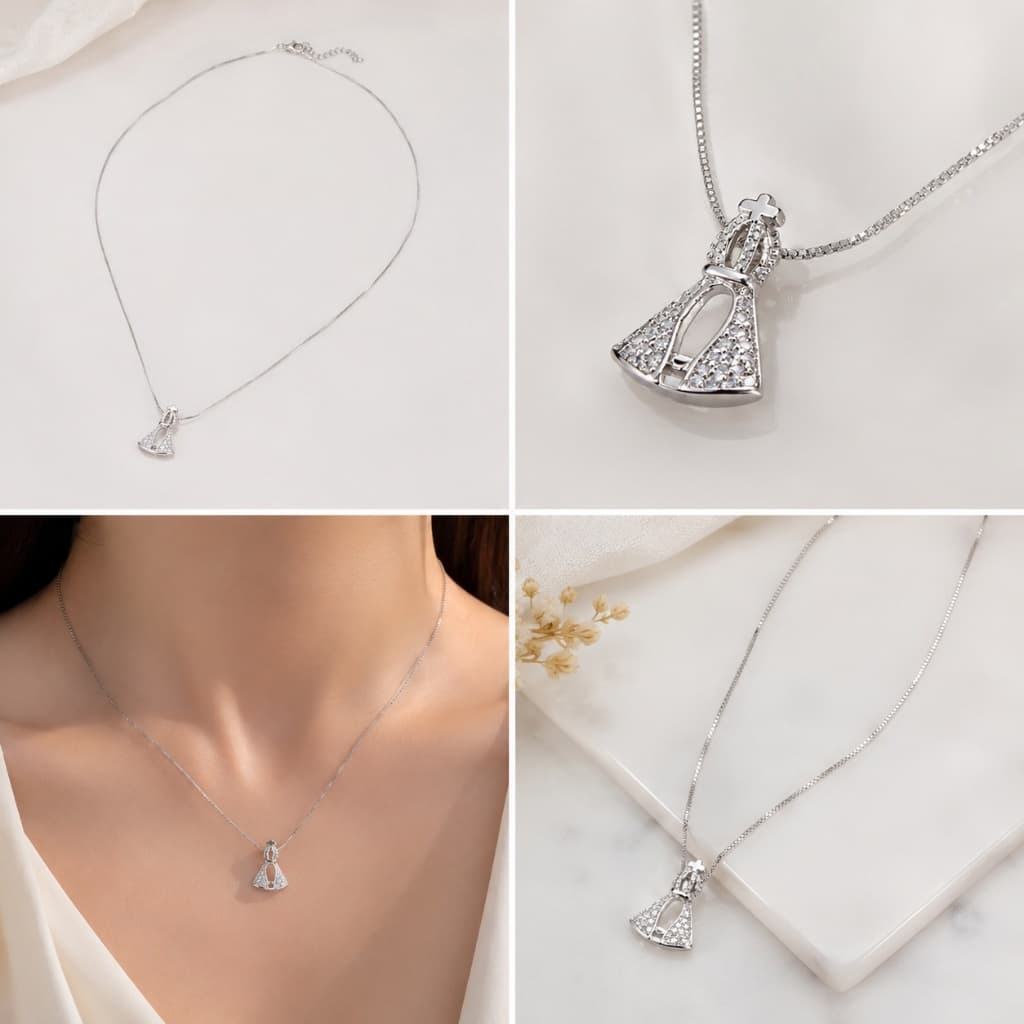 Colar Nossa Senhora Aparecida Feminino Cravejado Zircônias Delicado Religioso Semijoia Presente Especial