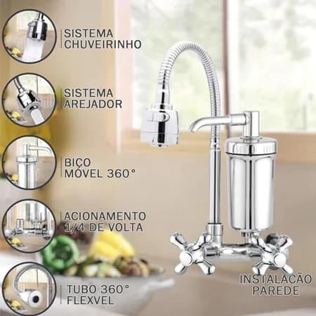 Torneira De Cozinha Com Filtro De Água Torneira Flexível 360° Parede Com 3 Filtros
