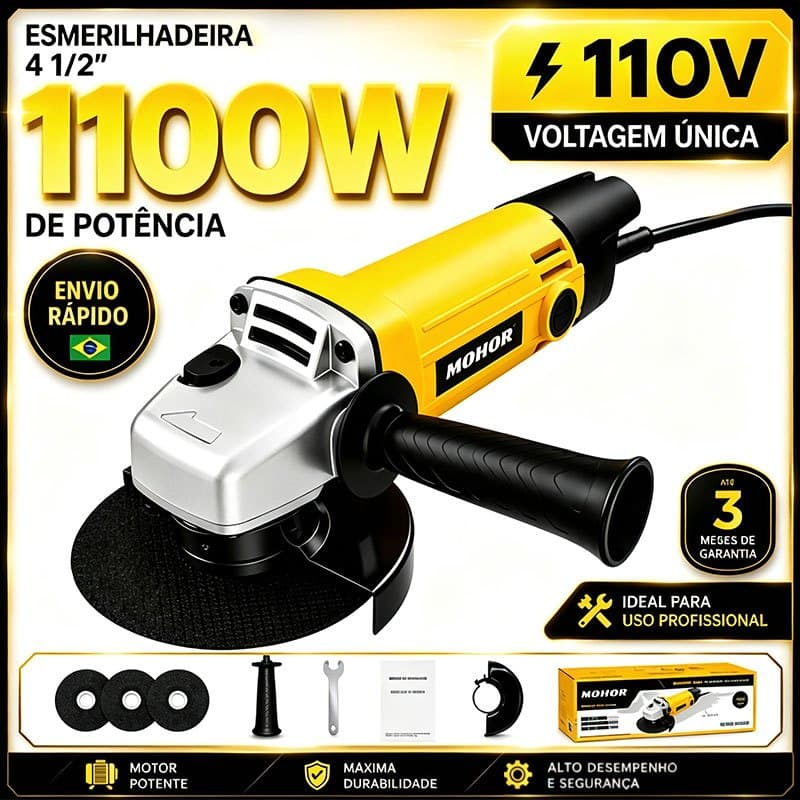 110V Esmerilhadeira Lixadeira Angular 1100W Alta Potência Ferramenta Elétrica para Corte Metal Lixar e Polir com Acessór
