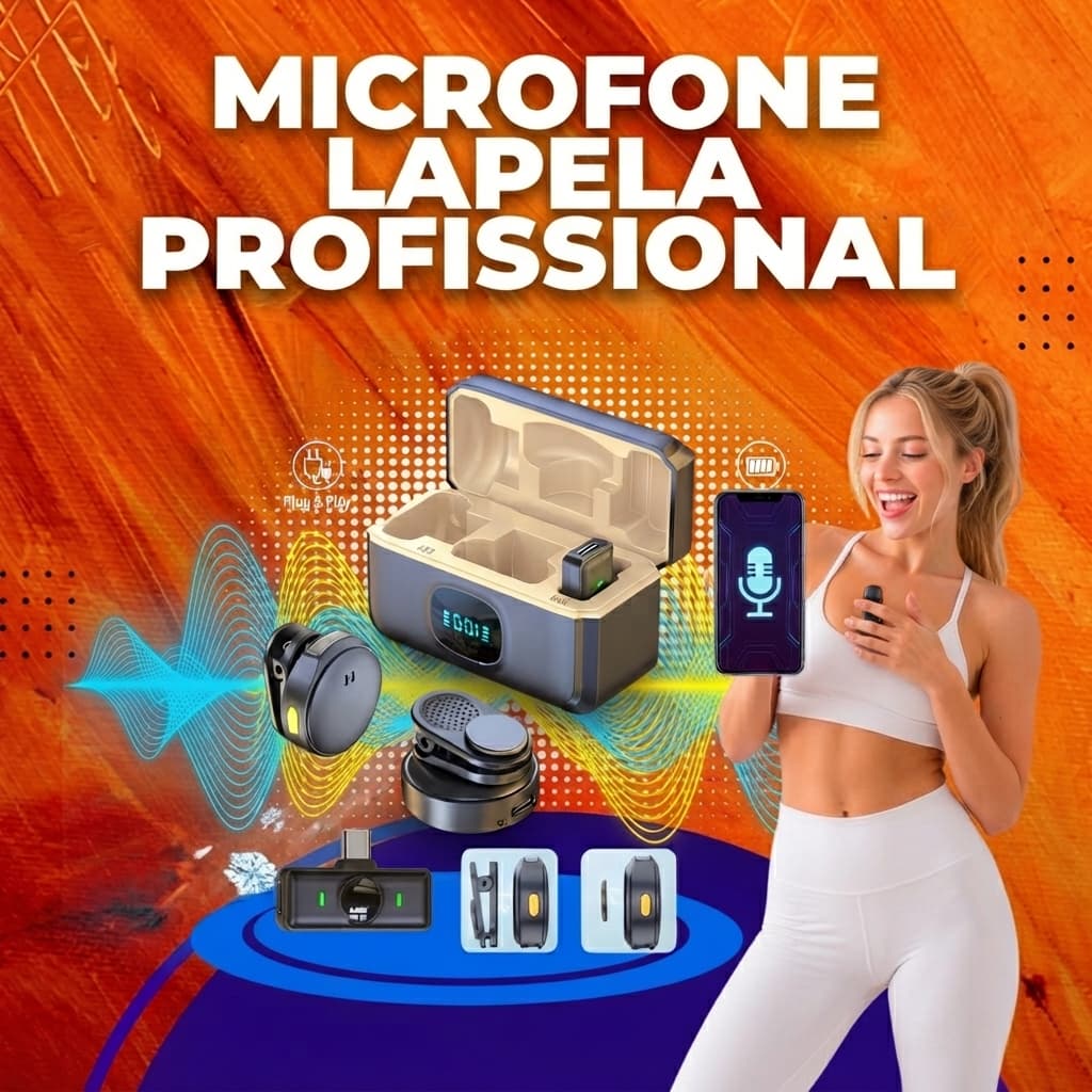 Microfone Lapela Redondo Sem Fio Duplo Anti Ruído Tipo C Com Caixinha Para Carregamento Atualizado