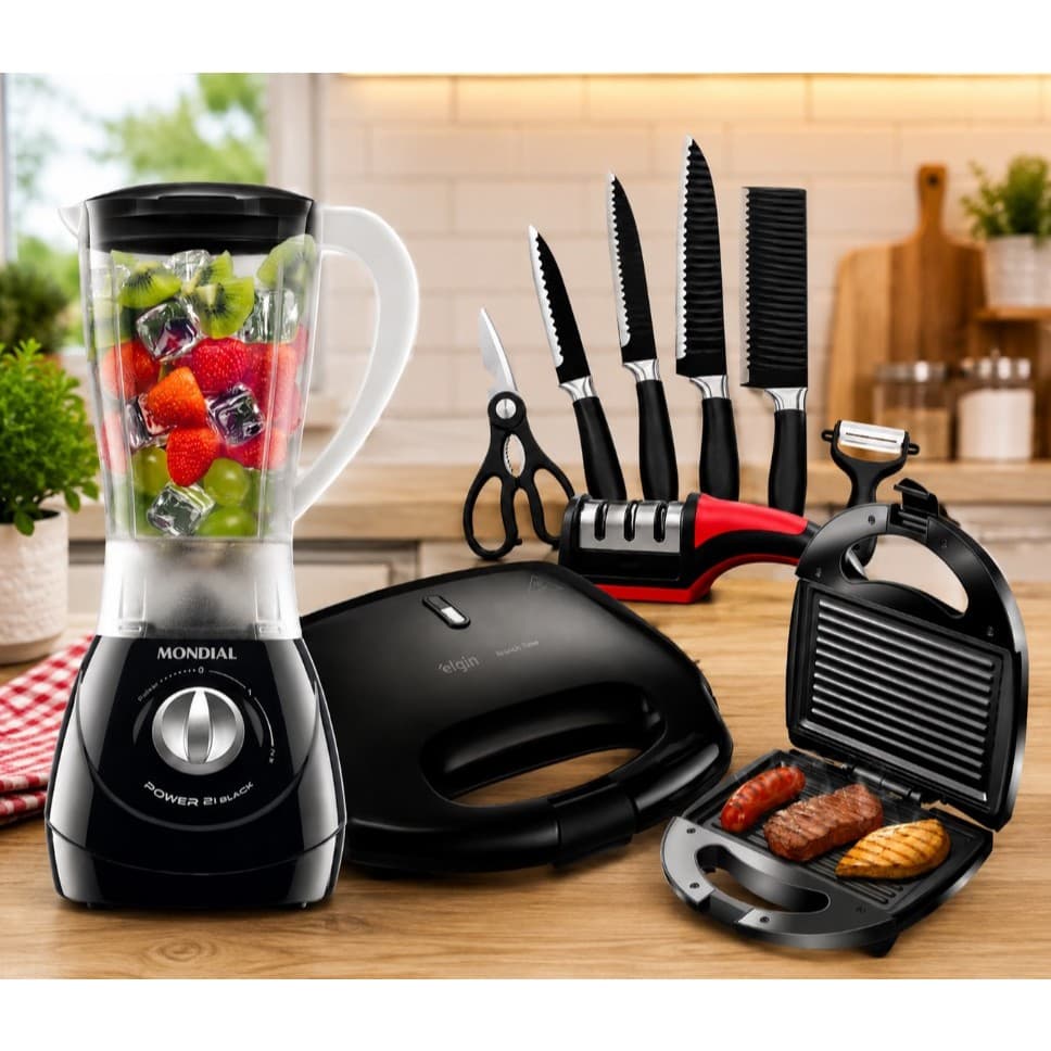 Kit Liquidificador Mondial Turbo + Sanduicheira Eletrica Grill 750w Preta E Facas 220V / 110V