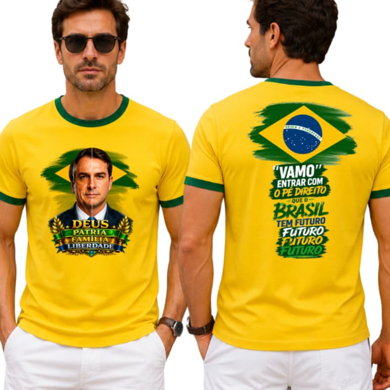 Camiseta Camisa Blusa Flávio Bolsonaro Brasil Amarela Deus Pátria Família Liberdade Estampa Frente e Costas Amarela