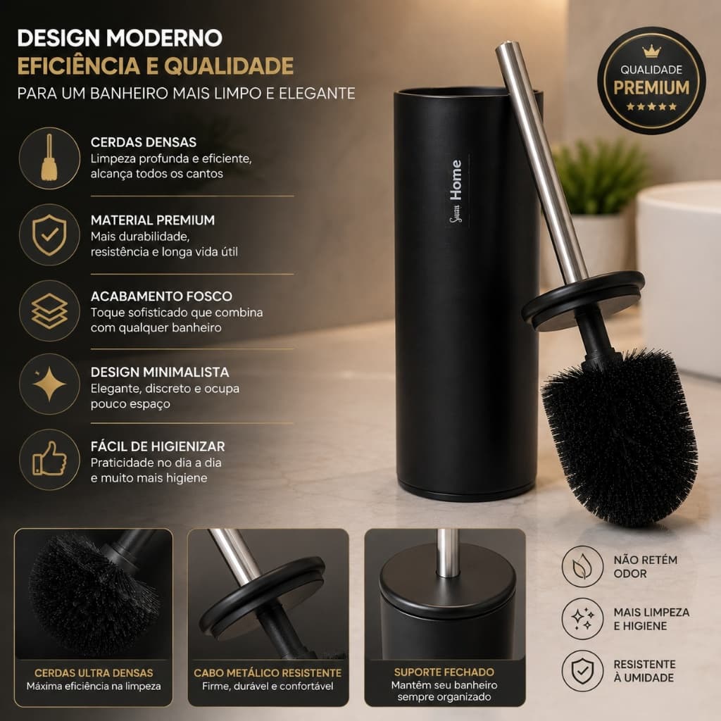 Escova de Vaso Sanitário Premium com Base Cilíndrica - Cerdas Ultra Densas Cabo Inox Resistente