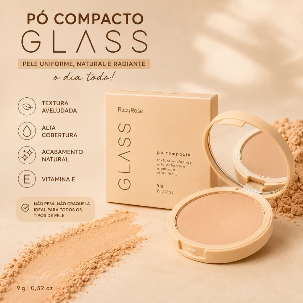 Pó Compacto Ruby Rose Glass GPD30 HB86312 9g Alta Cobertura Aveludado