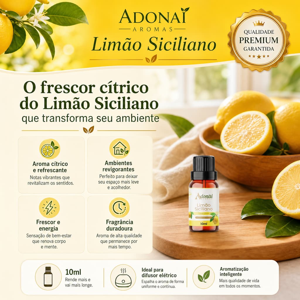 Óleo Essencial Limão Siciliano 10ML Aroma Difusor Elétrico Umidificador Aromatização Frescor Cítrico