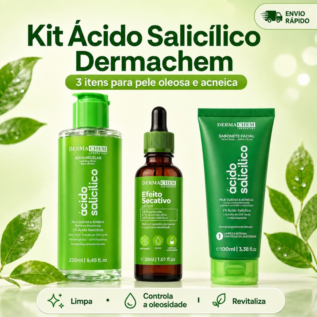 Kit Skincare Ácido Salicílico Dermachem 3 Itens | Água Micelar + Sérum + Sabonete Facial | Pele Oleosa e Acneica