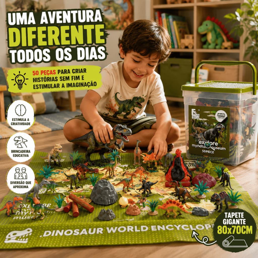 Kit Dinossauro Infantil 50 Peças com Tapete 80x70cm Balde Organizador 15 Dinossauros Brinquedo Educativo
