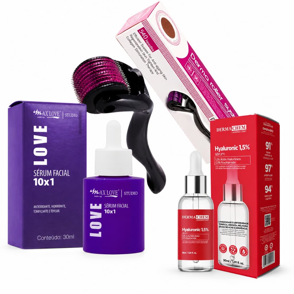 Sérum Facial 10x1 Niacinamida Resveratrol Hialurônico + Kit Dermaroller Microagulhamento Anti-Manchas