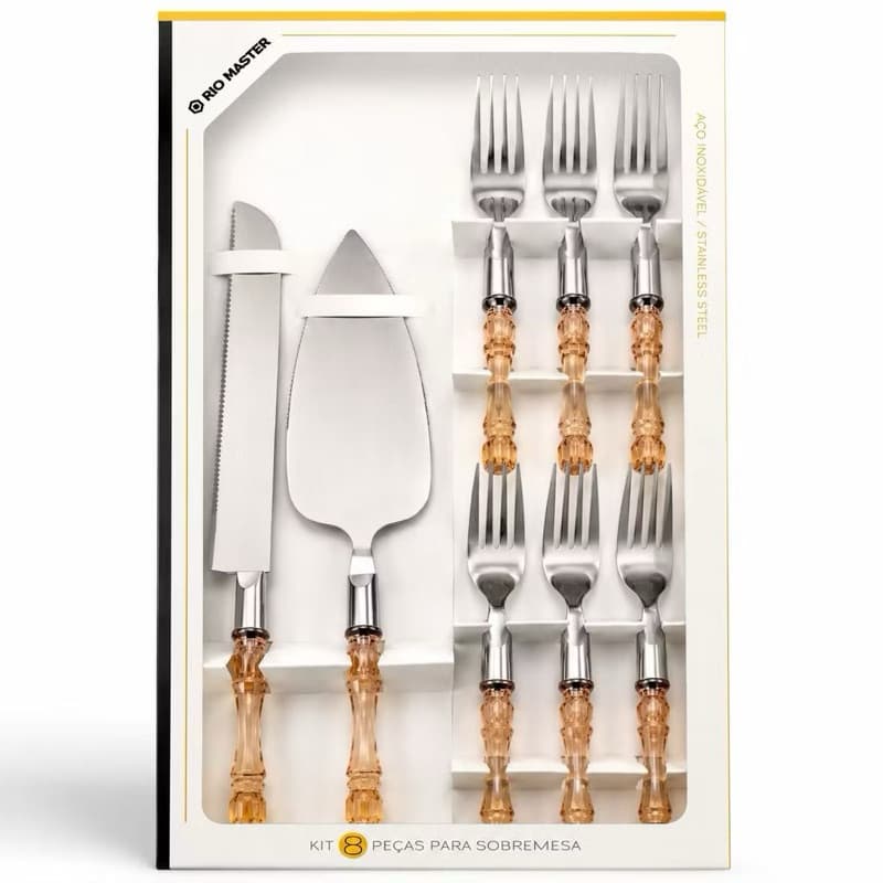 CONJUNTO PARA BOLO / SOBREMESA COM 6 GARFO + ESPATULA E FACA DE INOX CABO ACRILICO CRISTAL