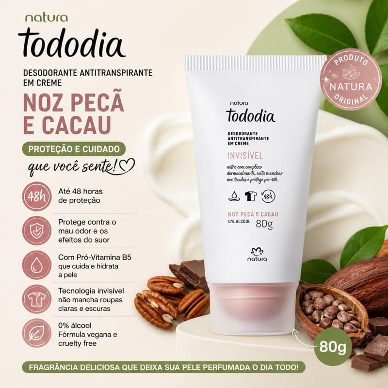Desodorante Antitranspirante em Creme Natura Tododia Noz Pecã e Cacau 80g | Proteção 48h