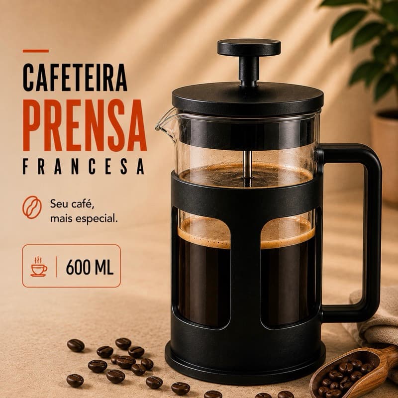 Cafeteira Prensa Francesa 600ml Café Chá Filtro Inox Reutilizável Espumador de Leite Vidro Borossilicato Preta