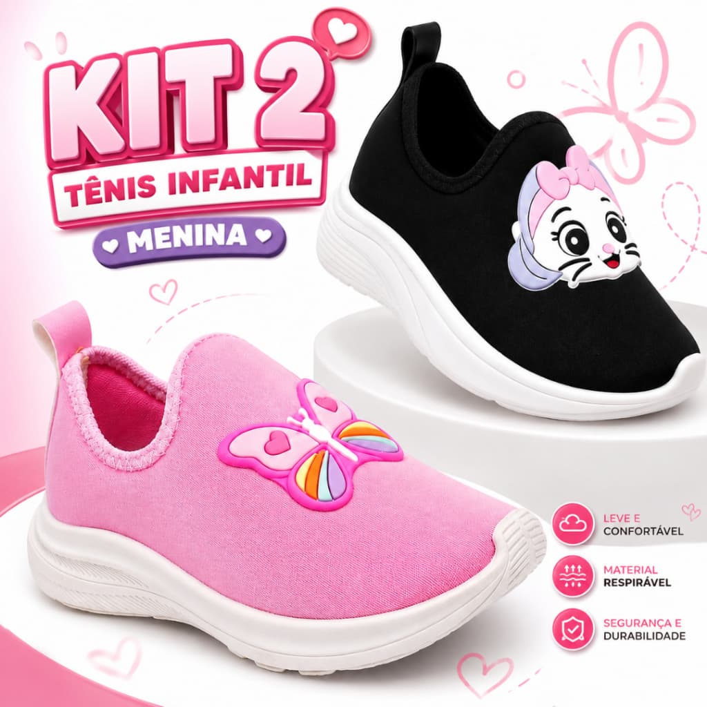 Kit 2 Tênis Infantil Menina Calce Fácil Confortável Leve Casual Escolar Dia a Dia