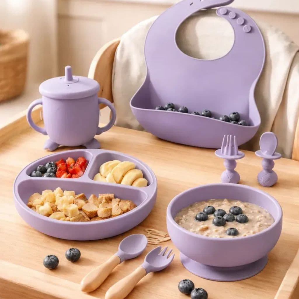 Kit 8 Alimentação Bebê Silicone Prato Babador Copo Tigela