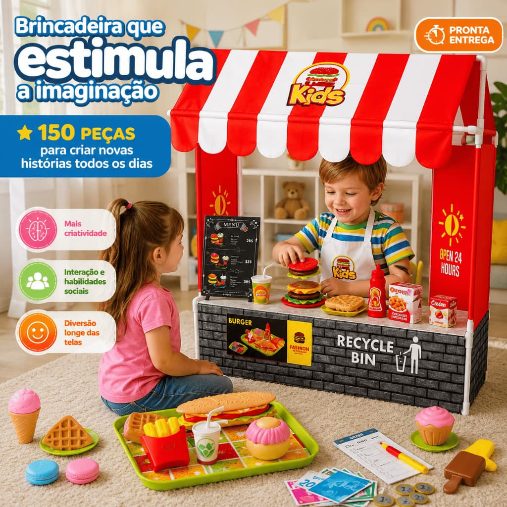 Barraquinha de Hambúrguer Infantil Faz de Conta 150 Peças Kit Chef Comidinhas Educativo