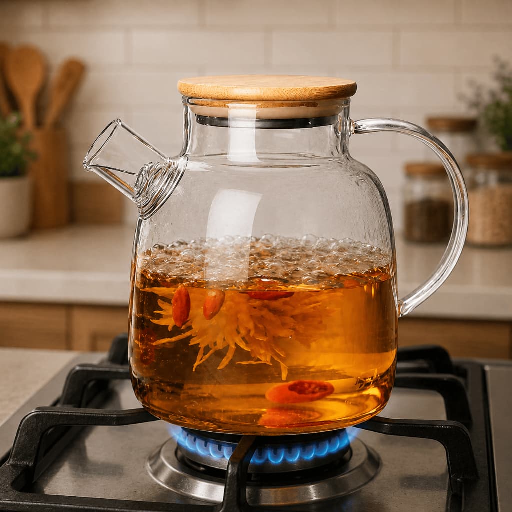 Chaleira de Vidro Borossilicato 1,8 Litros Infusor Inox Tampa Bambu para Chá Café Infusões 1000ml