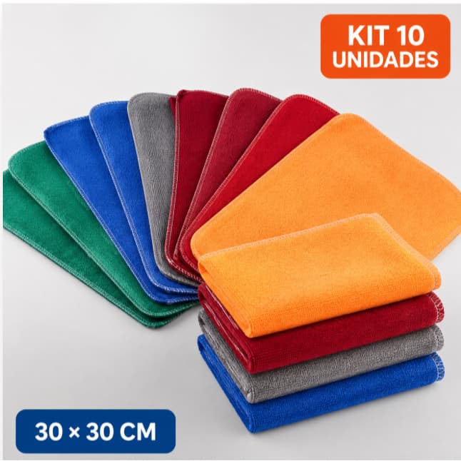 Kit 10 Panos de Microfibra Automotiva 30x30 cm para Limpeza, Secagem e Uso Multiuso