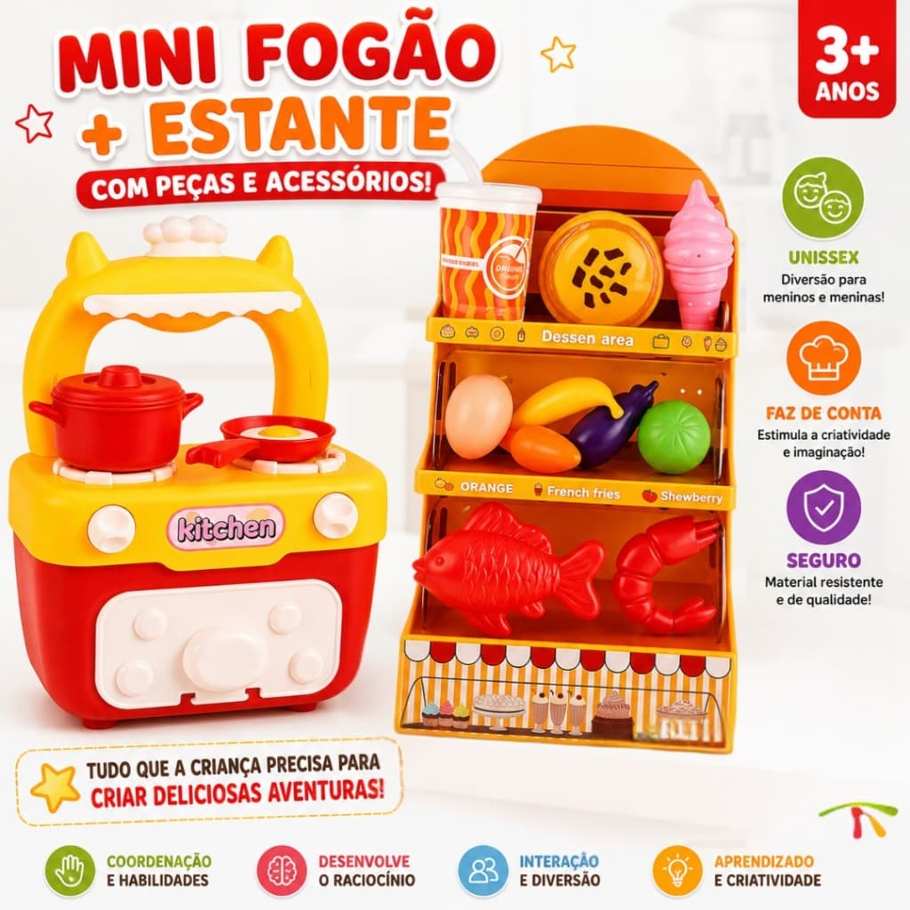 Kit Cozinha Infantil Com Fogão e Prateleira Brinquedo Faz de Conta Unissex