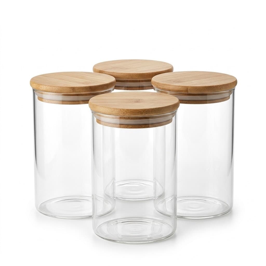 Kit de Potes de Vidro Borossilicato 800ml com Tampa Bambu - 1, 3 ou 4 Unidades | Porta Temperos Grãos Café Açúcar