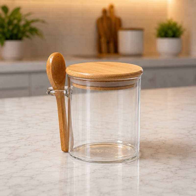 Pote Hermético de Vidro Borossilicato 400ml Tampa Bambu com Colher para Café Açúcar Temperos | 1 ou 2 Unidades