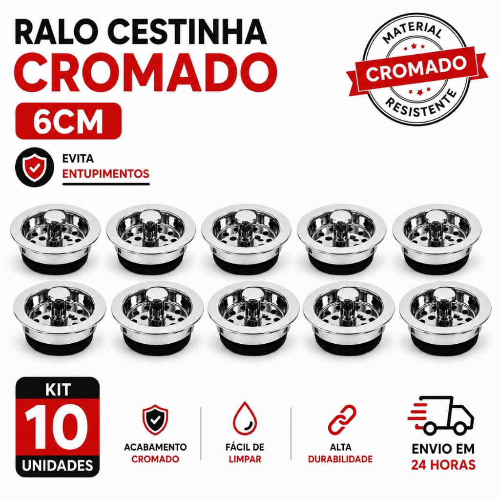 KIT 10 Ralo Pia Cozinha Cestinha 6cm Válvula Americana Cesto Cromado ABS