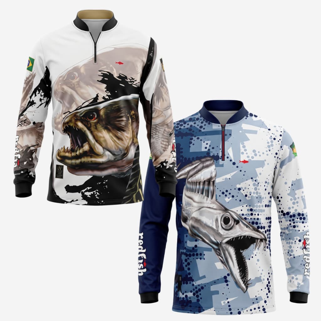 Kit 2 Camisas de Pesca Traira + Espada Proteção Solar UV 50+ Manga Longa Dry Fit Com Zíper e Bolsa