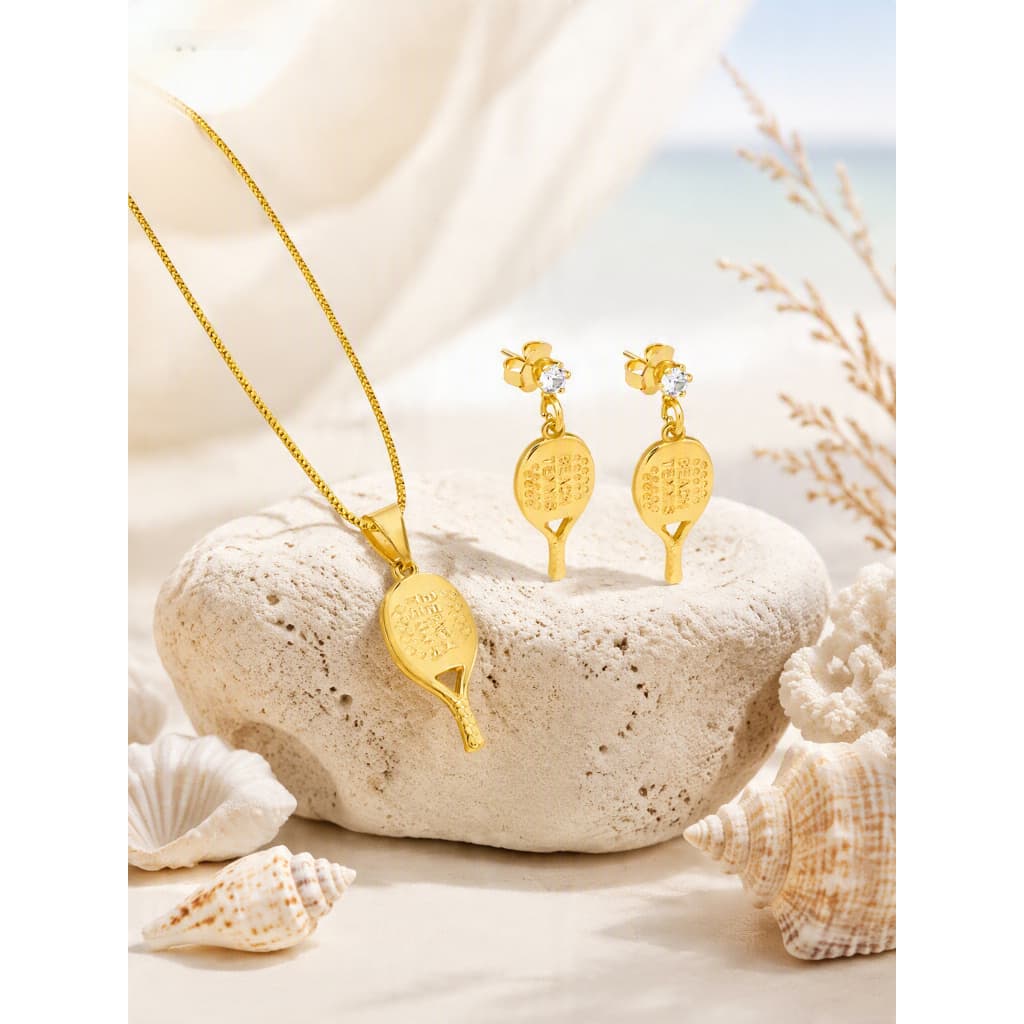 Colar brinco e corrente raquete beach tennis cor dourado  conjunto