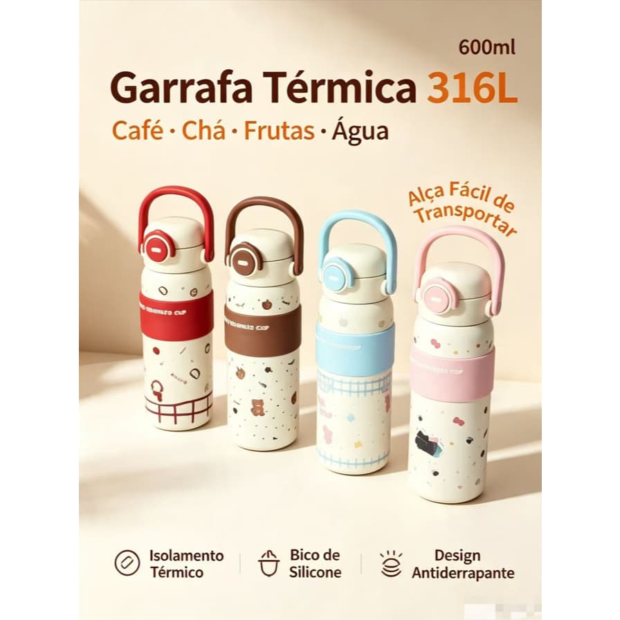 Garrafa térmica Com Canudo/Bico duplo /alca 600ml aço inox para presente