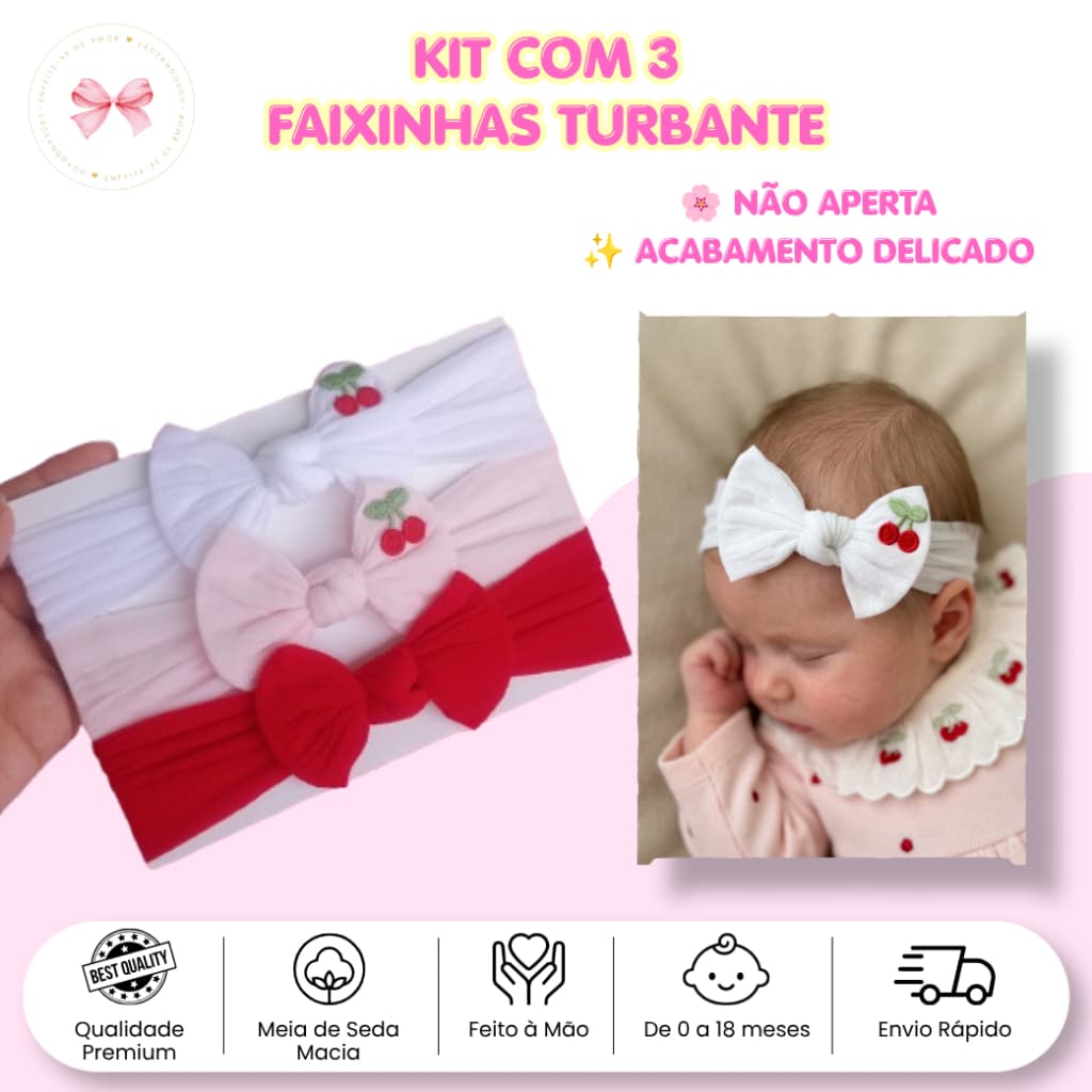 Faixinha de cabelo | Laço Cereja Bebê | Kit com 3 Turbante para bebê | LaceandoVou