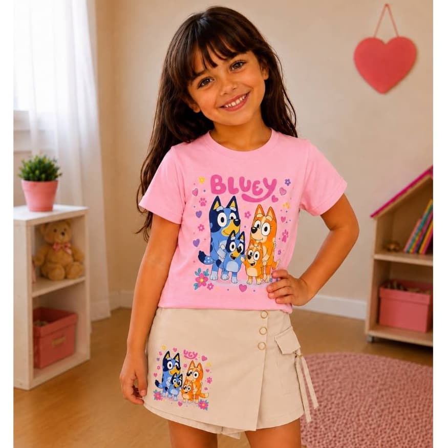 Peças Infantil Bluey Familia Cachorrinho Camiseta e Saia Shorts Blogueirinha - Roupa de Personagens