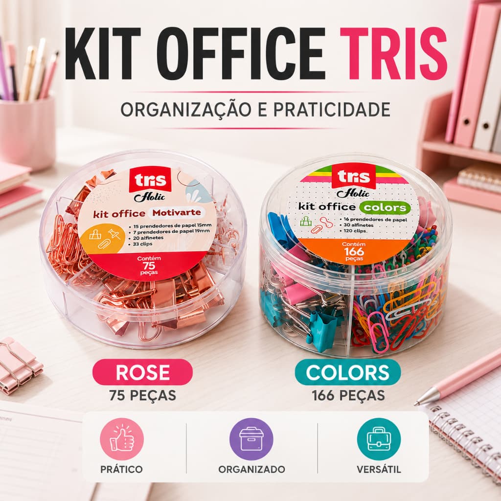 Kit Office Tris Rose 75 Peças ou Colors 166 Peças Clips Prendedores Alfinetes Escritório Papelaria