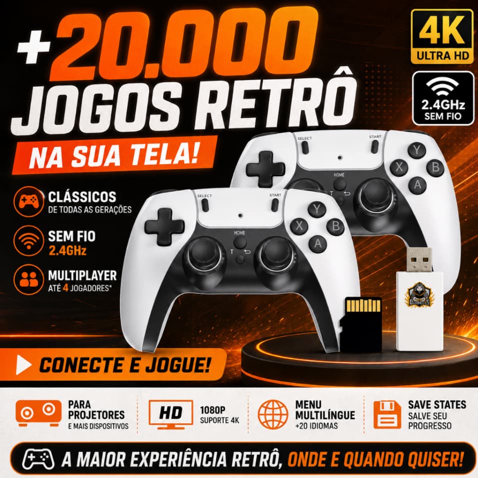 BRANCO HY-01 - Game Stick +20.000 4K Jogos Retrôs e Emuladores e 2 Controles S/ Fio (P/ Projetores)