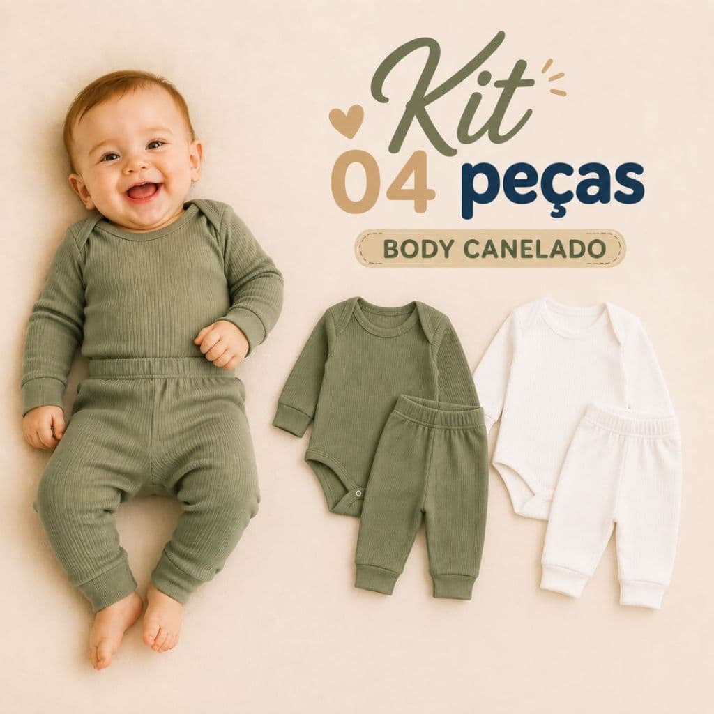 Kit 4 Peças Body Bebê Canelado Menino Manga Longa e Calça Mijão 100% Algodão Meia Estação