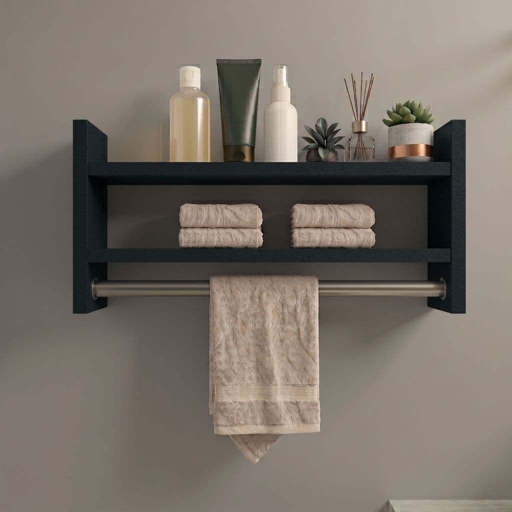 Nicho Banheiro Porta Toalha 50cm Prateleira Organizadora Tubo Metal | Preto Branco Amadeirado
