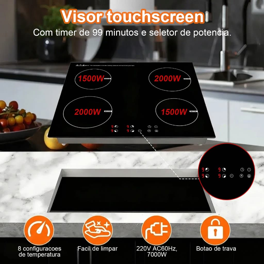 Cooktop de Indução 4 Bocas 7000W 220V com Painel Touch, Mesa Vitrocerâmica, de Embutir