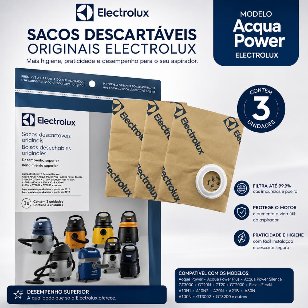 03 Sacos Descartáveis Para Aspirador Acqua Power  Electrolux - Original