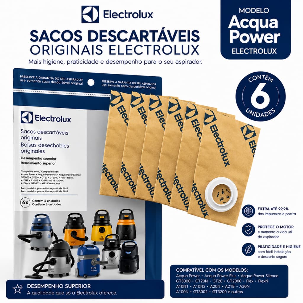 6 Sacos Descartáveis Para Aspirador Acqua Power Electrolux - Original