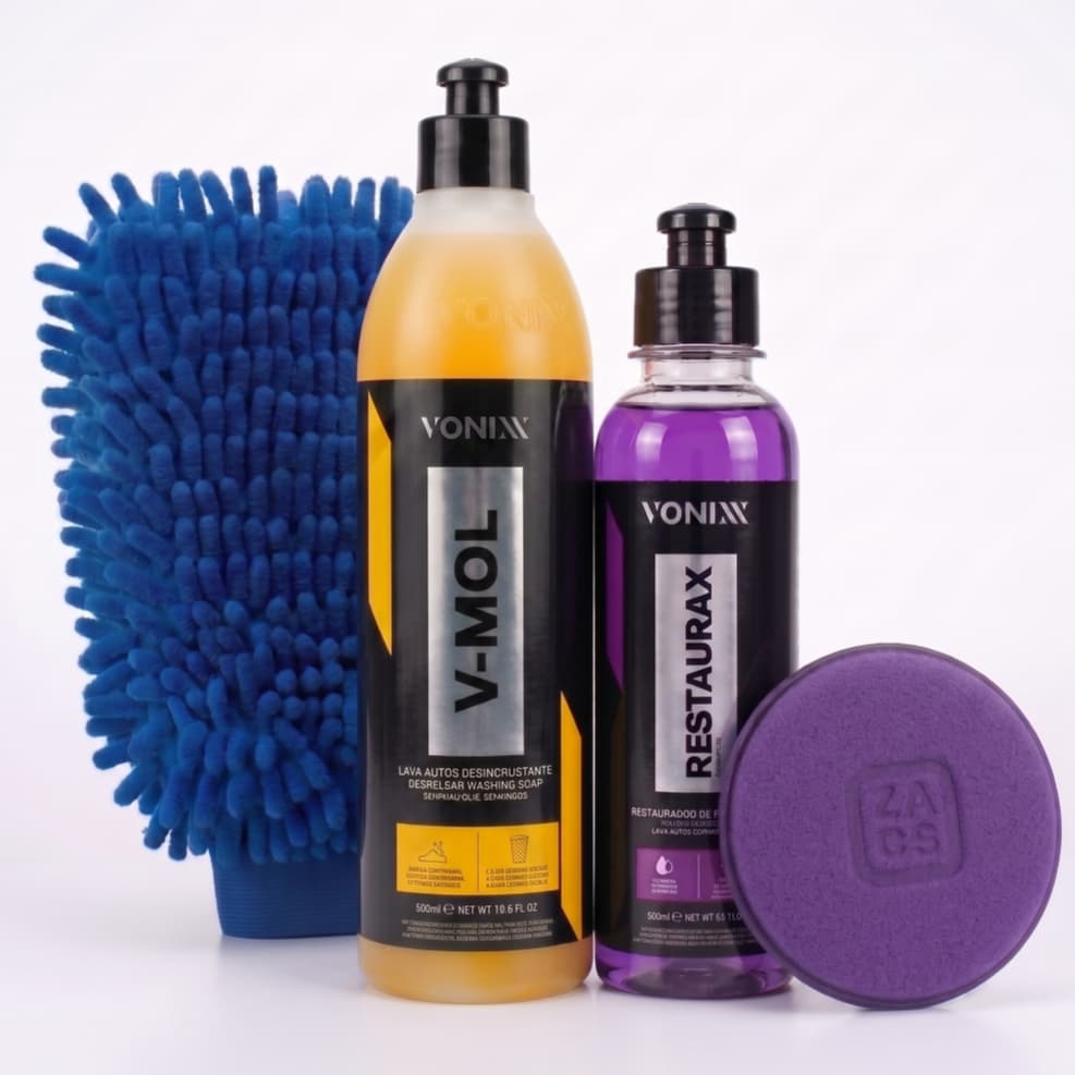 Vonixx Kit V-Mol & Restaurax Shampoo Automotivo com Aplicador e Luva de Microfibra para Limpeza Cuidado de Carro e Moto