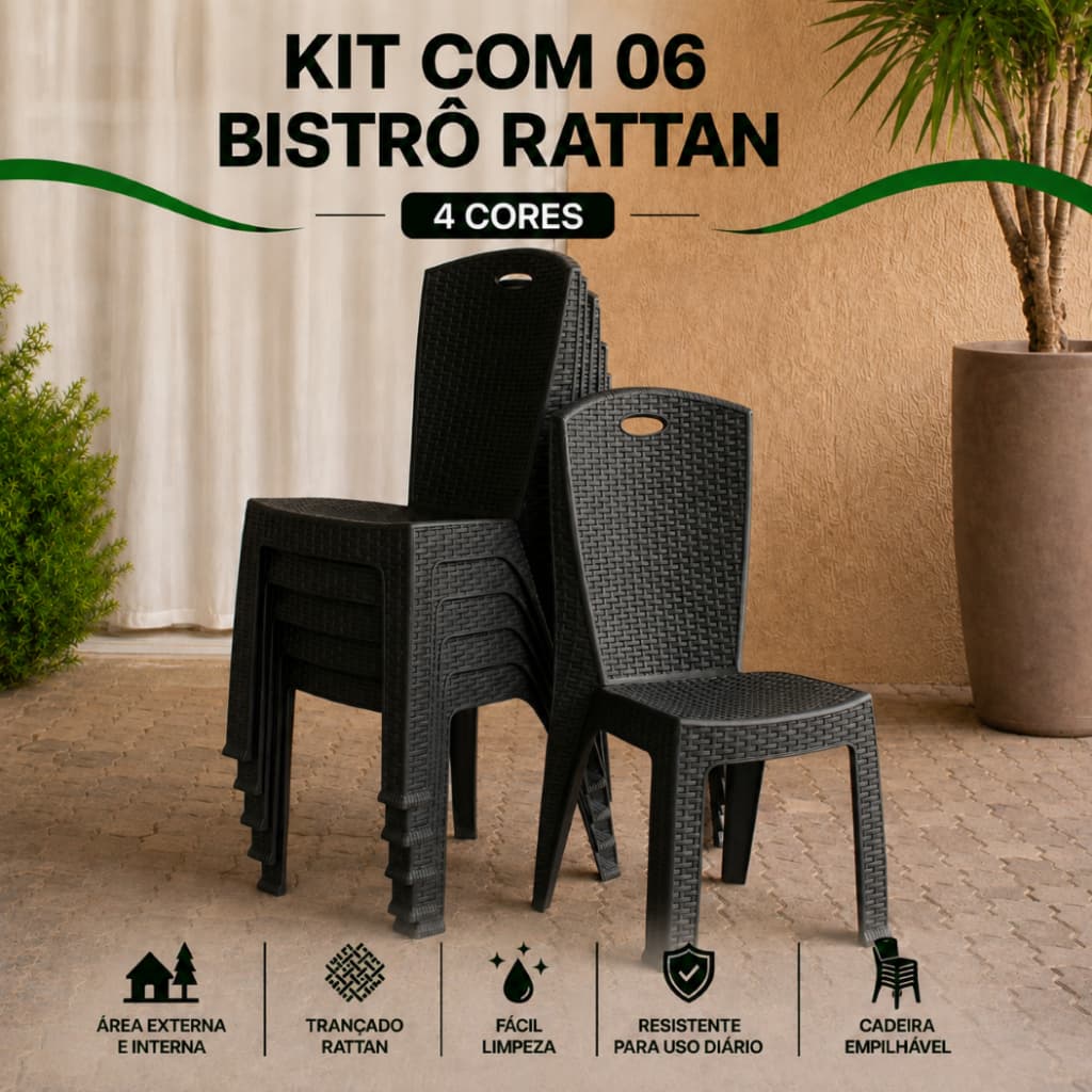Kit 6 Bistrô Cadeira Rattan Reforçada Empilhável Escritório Varanda Piscina Sala Cozinha Área Lazer