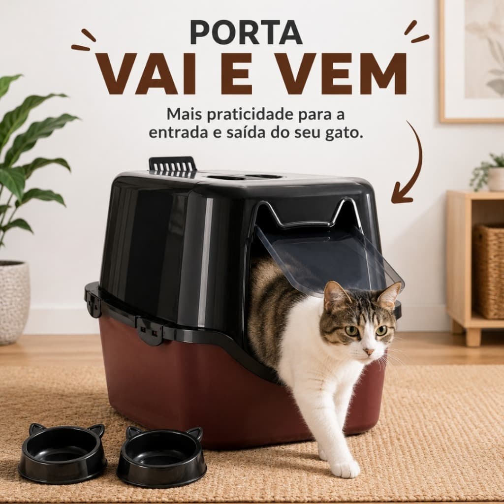 Caixa de Areia Fechada Pá Comedouro e Bebedouro Toalete Banheiro Sanitário Gato Antiodor Marrom