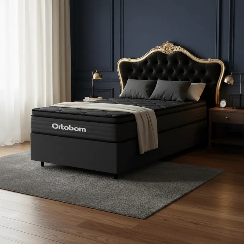 Cama Box com Colchão Ortobom de Espuma Pillow Top Confort Black Solteiro 88cm