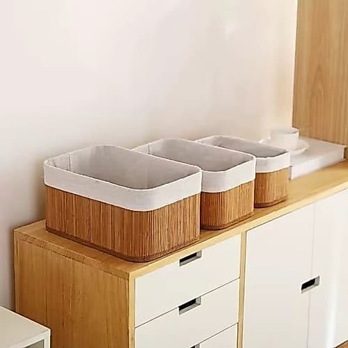 Kit 6 Cestos Organizadores de Bambu com Forro – Caixa Organizadora Multiuso