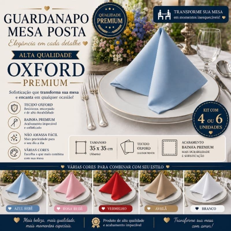Guardanapo de Mesa Oxford Premium 35x35 Kit 4 ou 6 Unidades Mesa Posta Elegante
