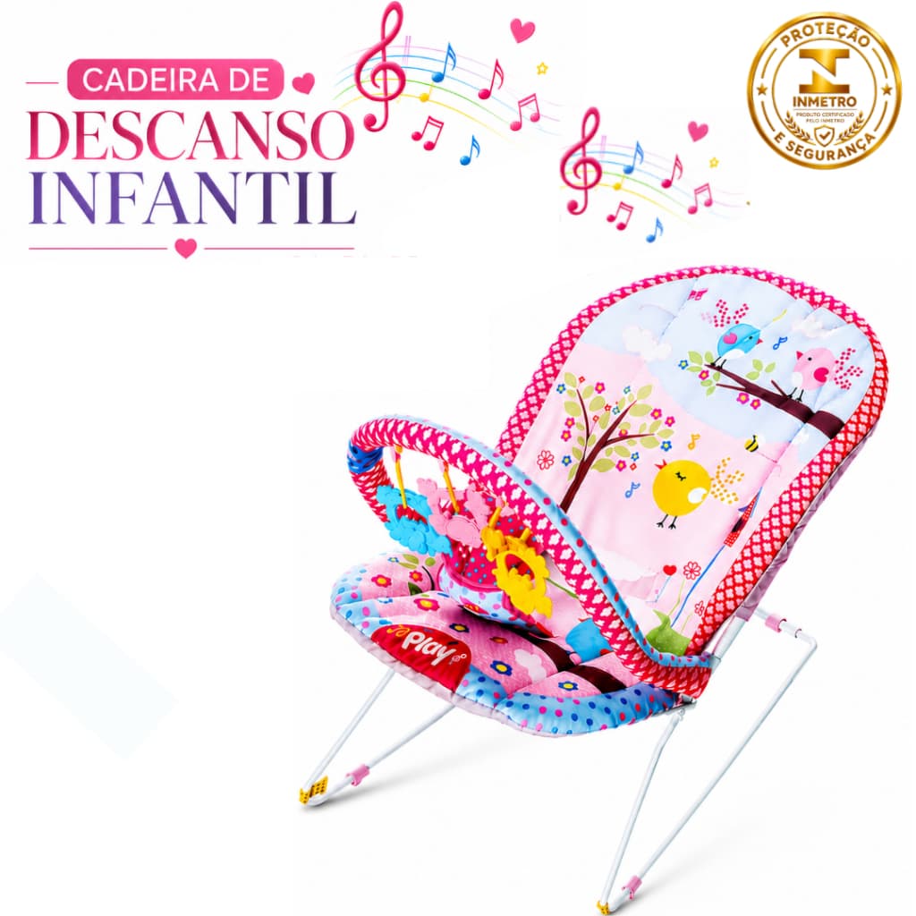 Cadeira Descanso Bebe Infantil Musical Bouncer 2 em 1 Móbile Mordedor Até 11kg New Fun Pássarinho