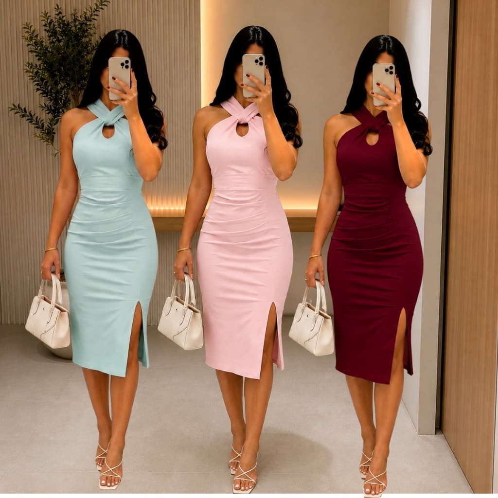 Vestido Midi Feminino Canelado com Fenda, Decote Cruzado, Elegante e Confortável para Festas, Eventos e Dia a Dia Casual