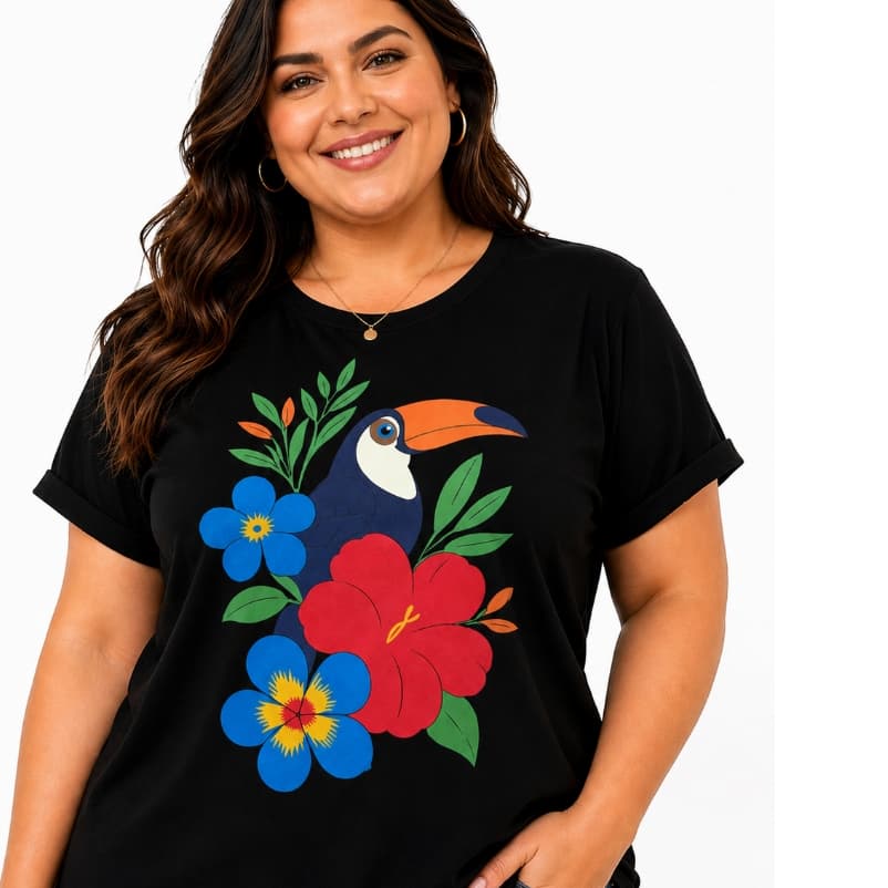 Blusa Feminina Plus Size Tucano Baby Look Algodão Estampa Tropical Manga Curta Preta G1 G2 G3