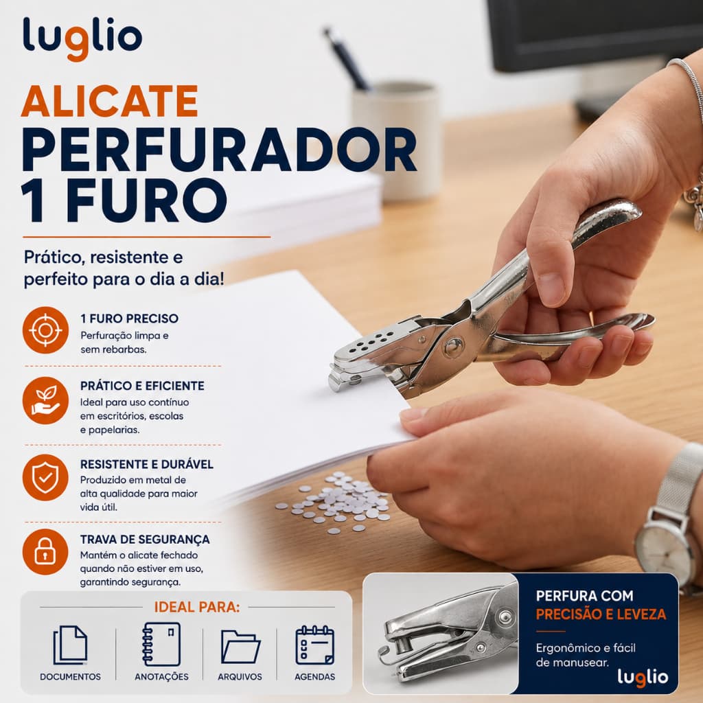 Perfurador Furador de Papel Alicate 1 Furo em Metal Aço Resistente