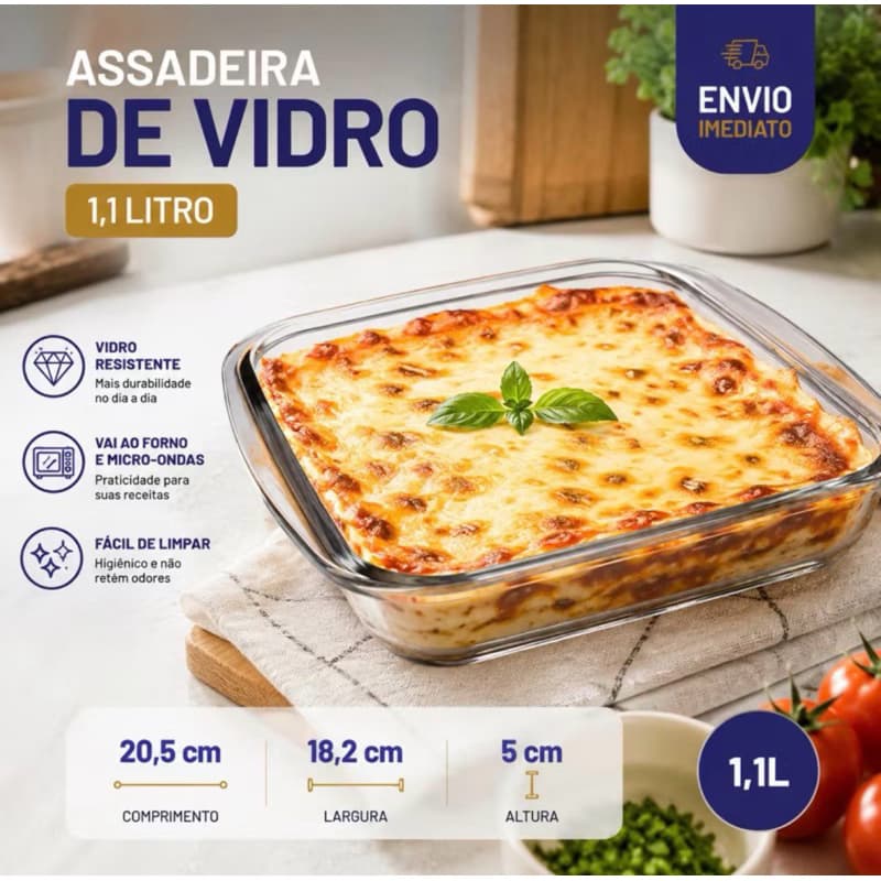 Assadeira Quadrada 1.1l Marinex  Ideal Air Fryer Cozinha Dia a Dia Vidro Temperado, Sem Tampa
